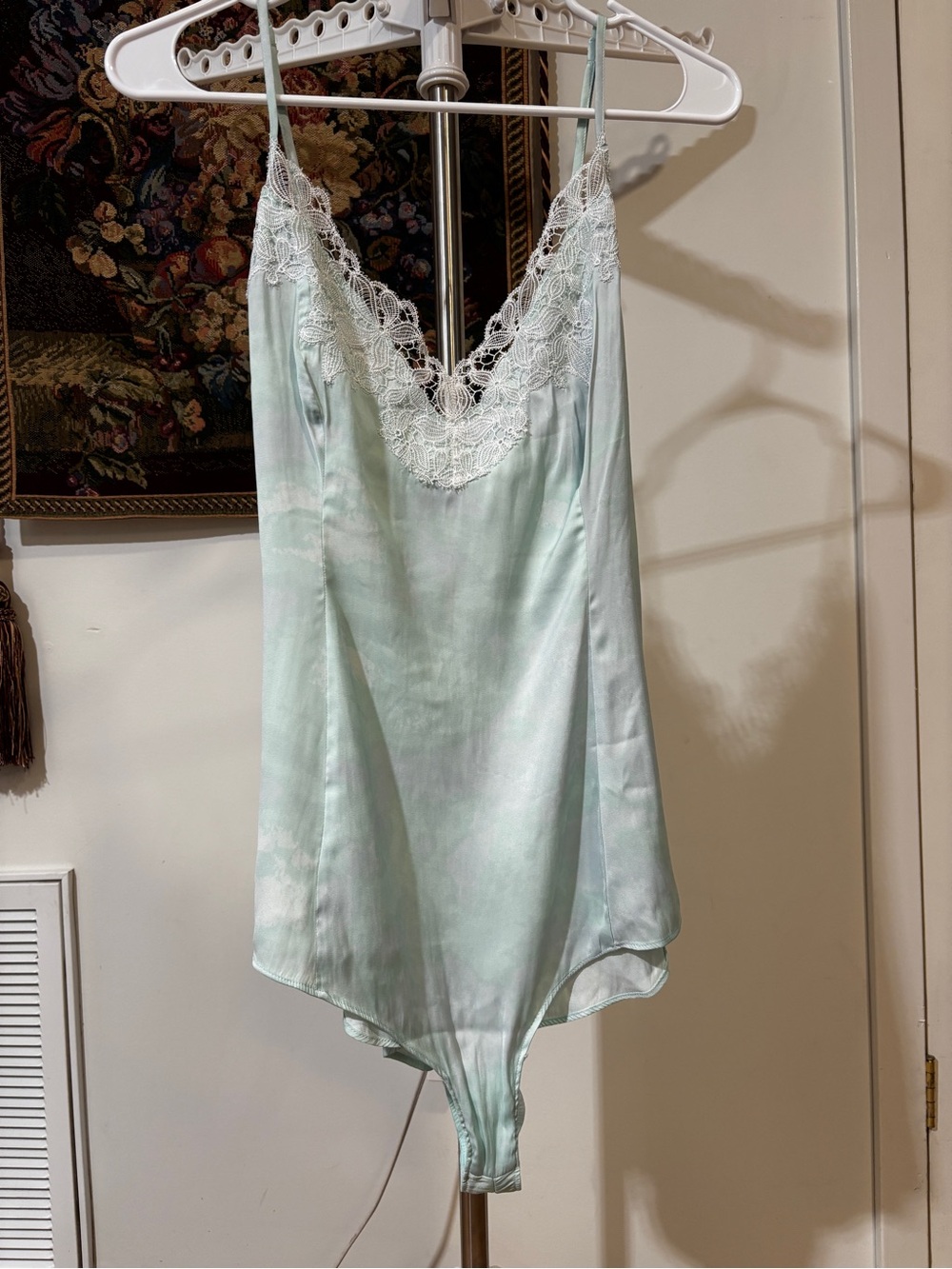 Free People Mint Satin Lace-Trim Chemise Bodysuit